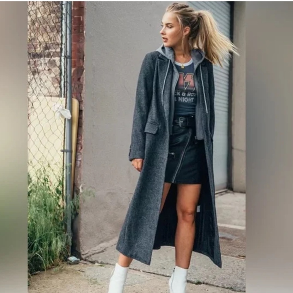 Avec Les Filles grey Wool Blend Herringbone Maxi Coat Detachable Hoodie medium